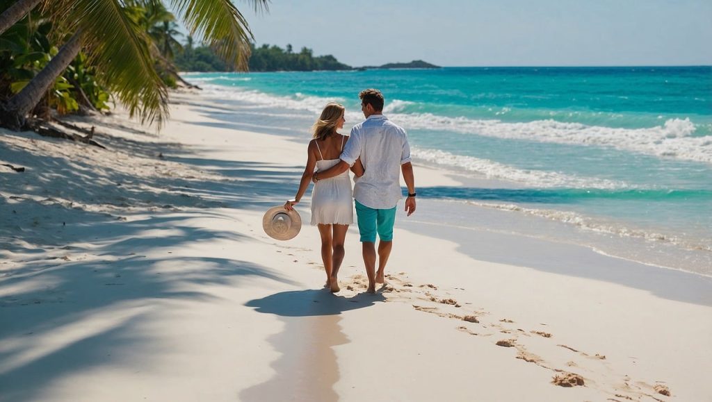 A couple walking hand in hand on a white-sand beach