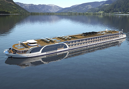 A river cruise ship sailing through a mountain valley